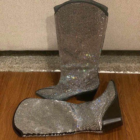 Black and Silver Metallic Rhinestone Boots with Heel - Picture 8 of 10